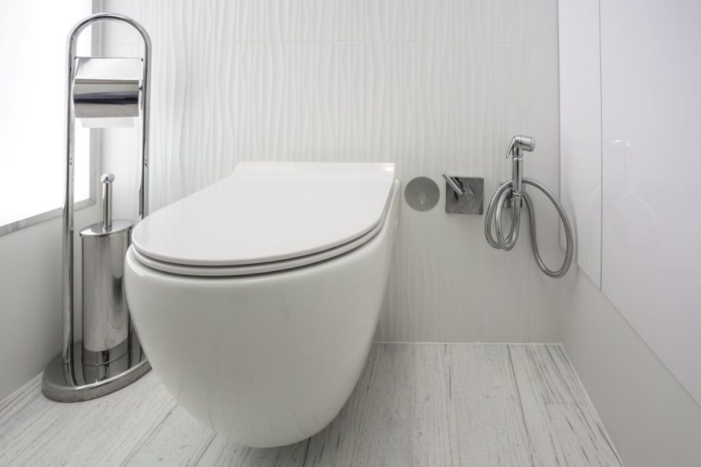 Handheld bidet douche spray attachment with toilet.  Bidet backflow prevention is essential with bidet installations.